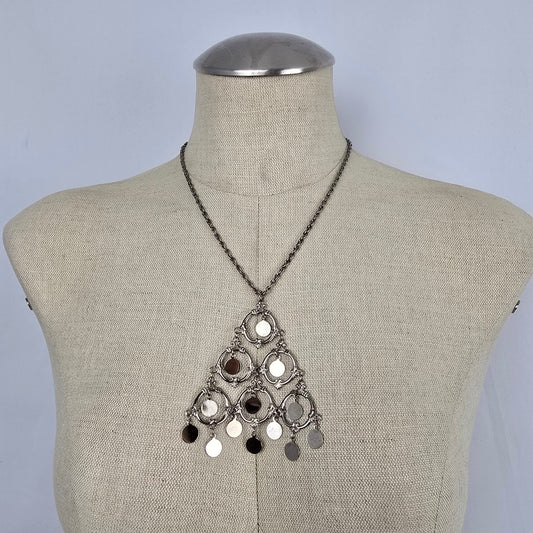 Silver Tone Coin Fringe Necklace Boho Tribal Statement Bib Vintage Style