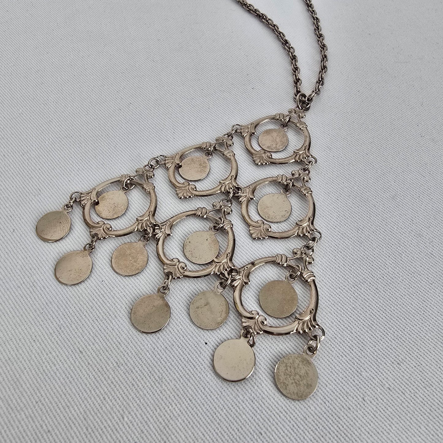 Silver Tone Coin Fringe Necklace Boho Tribal Statement Bib Vintage Style