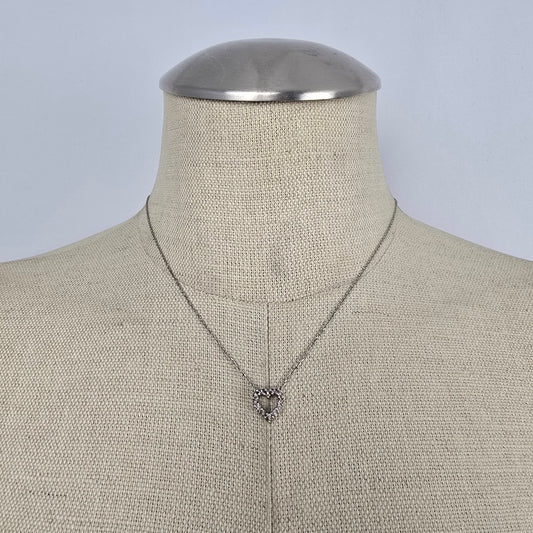 Vintage Sterling Silver 925 XL Heart Necklace CZ Pavé Pendant Dainty Everyday Jewelry