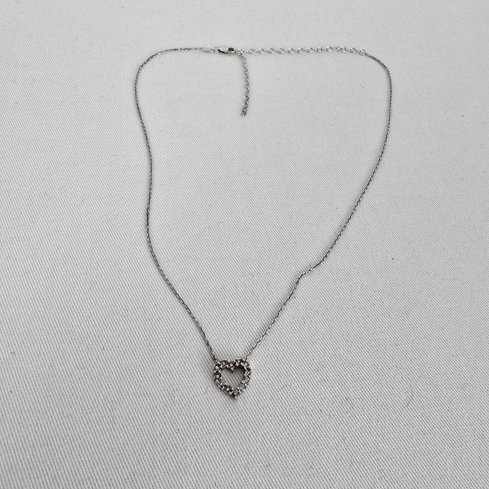 Vintage Sterling Silver 925 XL Heart Necklace CZ Pavé Pendant Dainty Everyday Jewelry