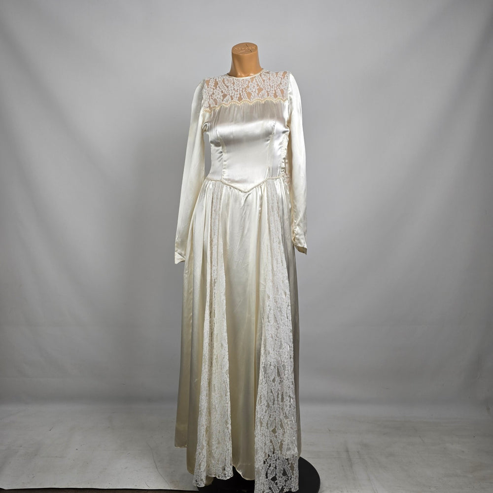Vintage Ivory Satin Lace Wedding Dress Long Sleeve Boho Prairie Bridal Gown Size XS