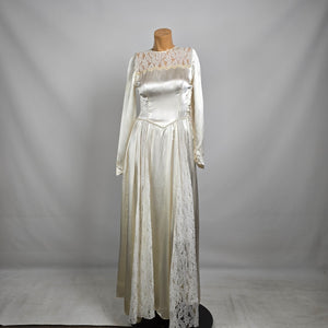 Vintage Ivory Satin Lace Wedding Dress Long Sleeve Boho Prairie Bridal Gown Size XS