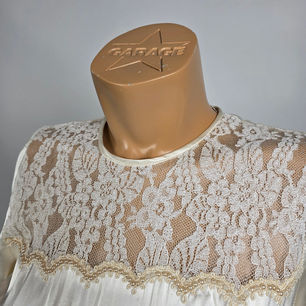 Vintage Ivory Satin Lace Wedding Dress Long Sleeve Boho Prairie Bridal Gown Size XS