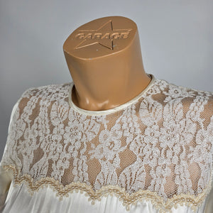 Vintage Ivory Satin Lace Wedding Dress Long Sleeve Boho Prairie Bridal Gown Size XS