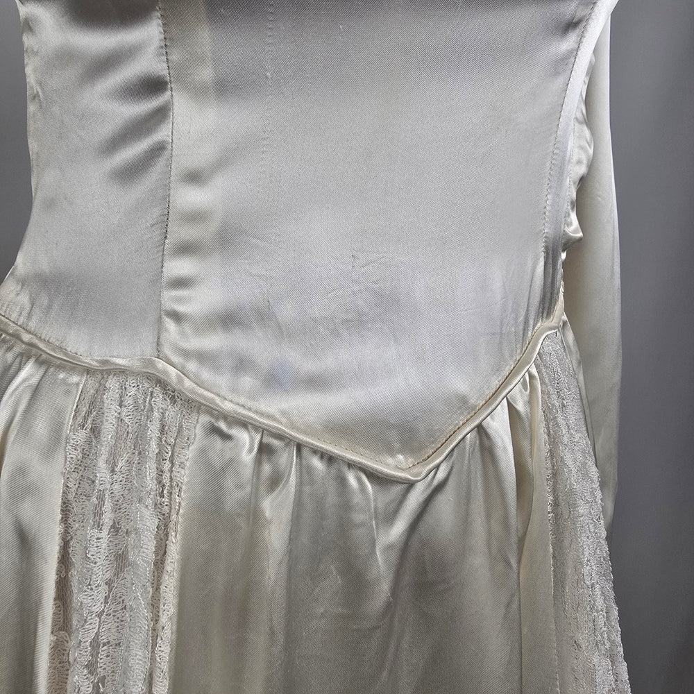 Vintage Ivory Satin Lace Wedding Dress Long Sleeve Boho Prairie Bridal Gown Size XS