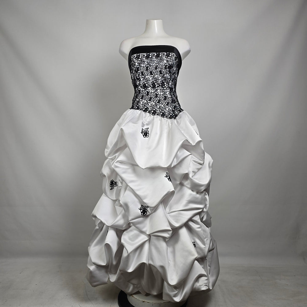 Vintage Black White Strapless Wedding Dress Dramatic Ruffle Skirt Lace Corset Bridal Size 10