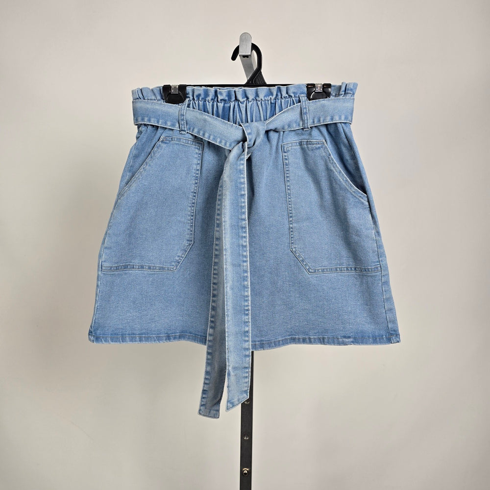 Kancy Kole Denim Paperbag Waist Skirt Tie Belt Light Wash Size L