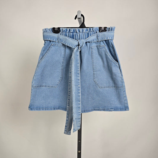 Kancy Kole Denim Paperbag Waist Skirt Tie Belt Light Wash Size L