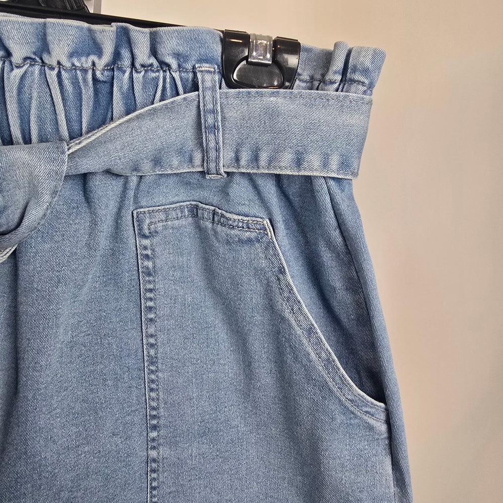 Kancy Kole Denim Paperbag Waist Skirt Tie Belt Light Wash Size L