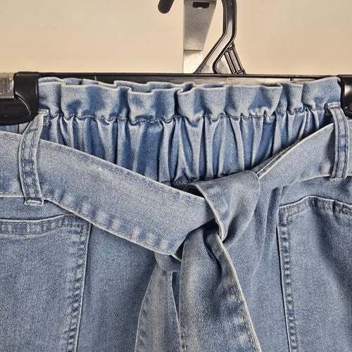 Kancy Kole Denim Paperbag Waist Skirt Tie Belt Light Wash Size L