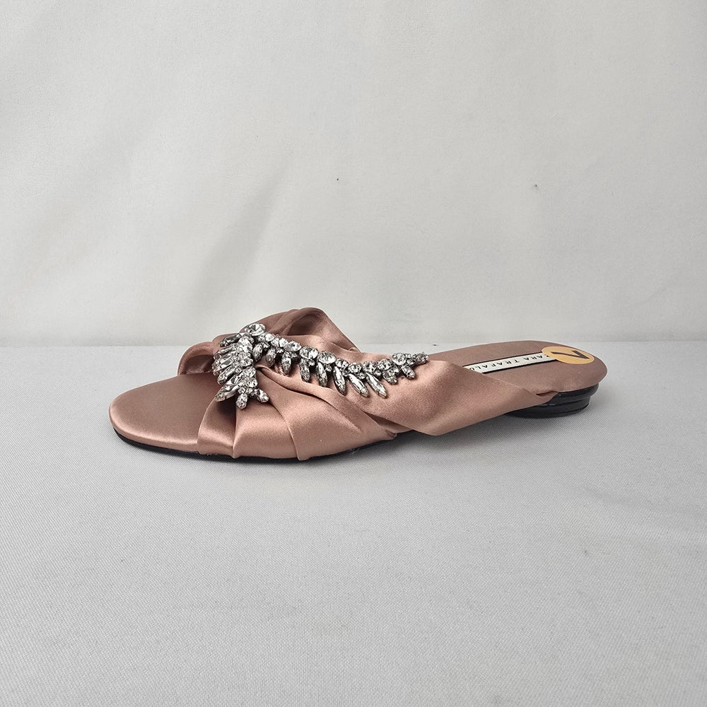 Zara Trafaluc Satin Rhinestone Slides Size 7 Blush Pink Embellished Sandals