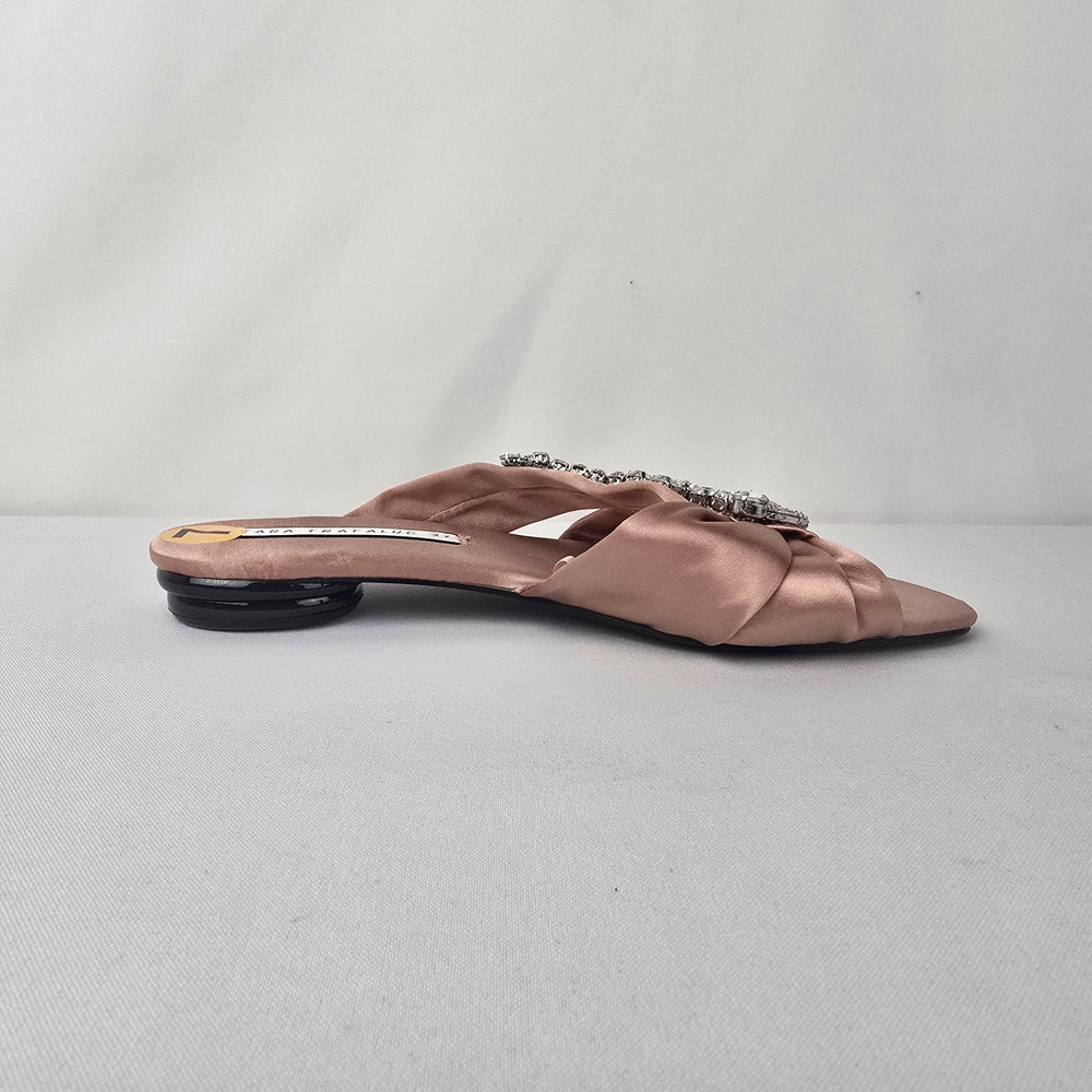 Zara Trafaluc Satin Rhinestone Slides Size 7 Blush Pink Embellished Sandals