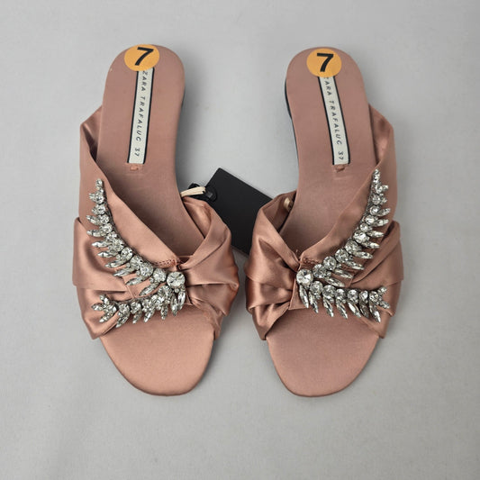 Zara Trafaluc Satin Rhinestone Slides Size 7 Blush Pink Embellished Sandals