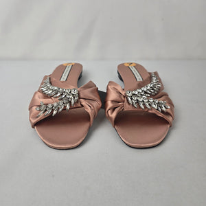 Zara Trafaluc Satin Rhinestone Slides Size 7 Blush Pink Embellished Sandals