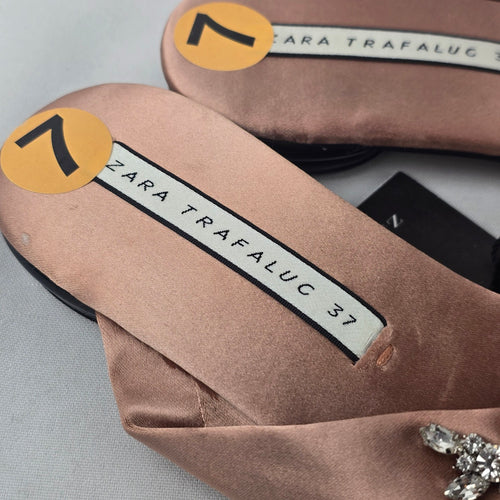Zara Trafaluc Satin Rhinestone Slides Size 7 Blush Pink Embellished Sandals