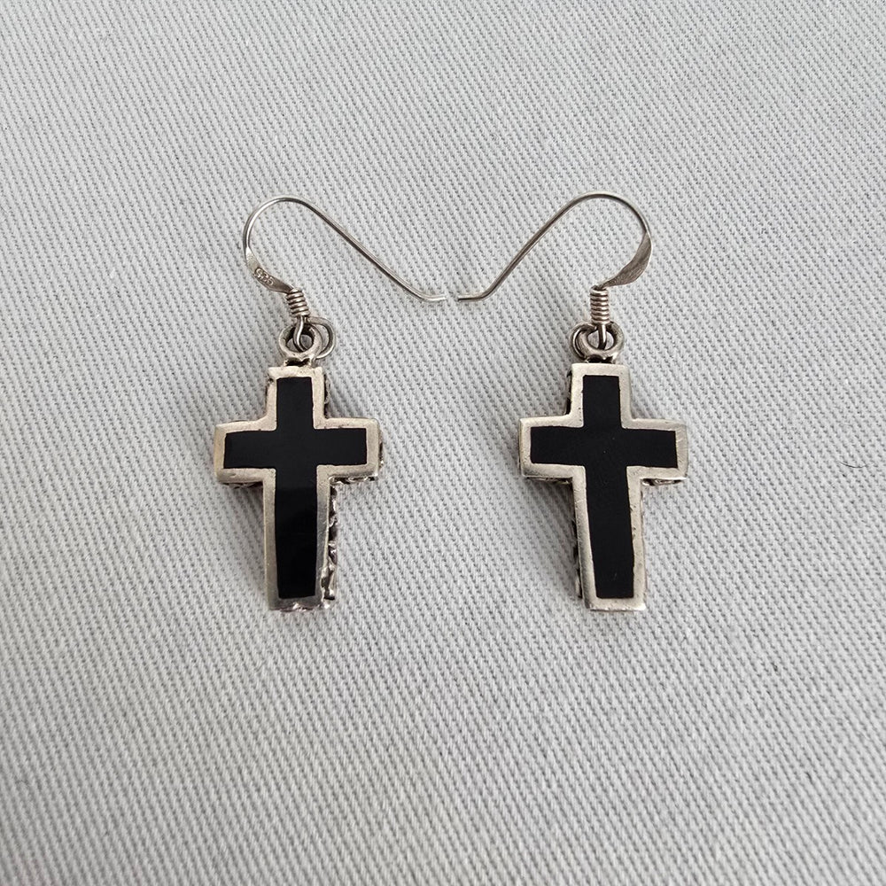 925 Sterling Silver Cross Dangle Earrings 925 Black Inlay Minimalist