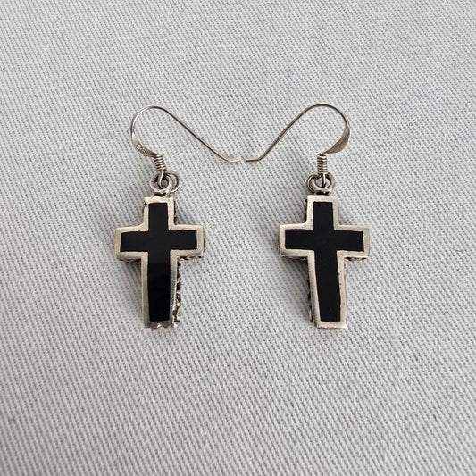 925 Sterling Silver Cross Dangle Earrings 925 Black Inlay Minimalist
