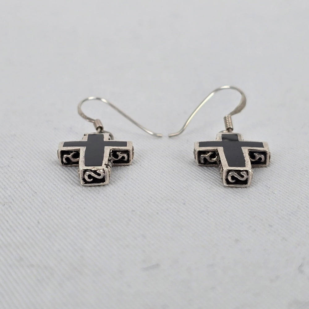 925 Sterling Silver Cross Dangle Earrings 925 Black Inlay Minimalist