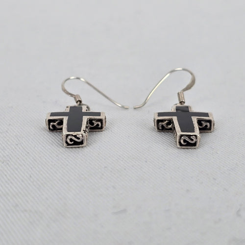 925 Sterling Silver Cross Dangle Earrings 925 Black Inlay Minimalist