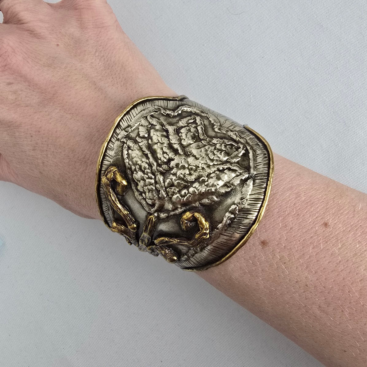 Artisan Style Statement Cuff Bracelet Mixed Metal Floral Textured Wide Boho