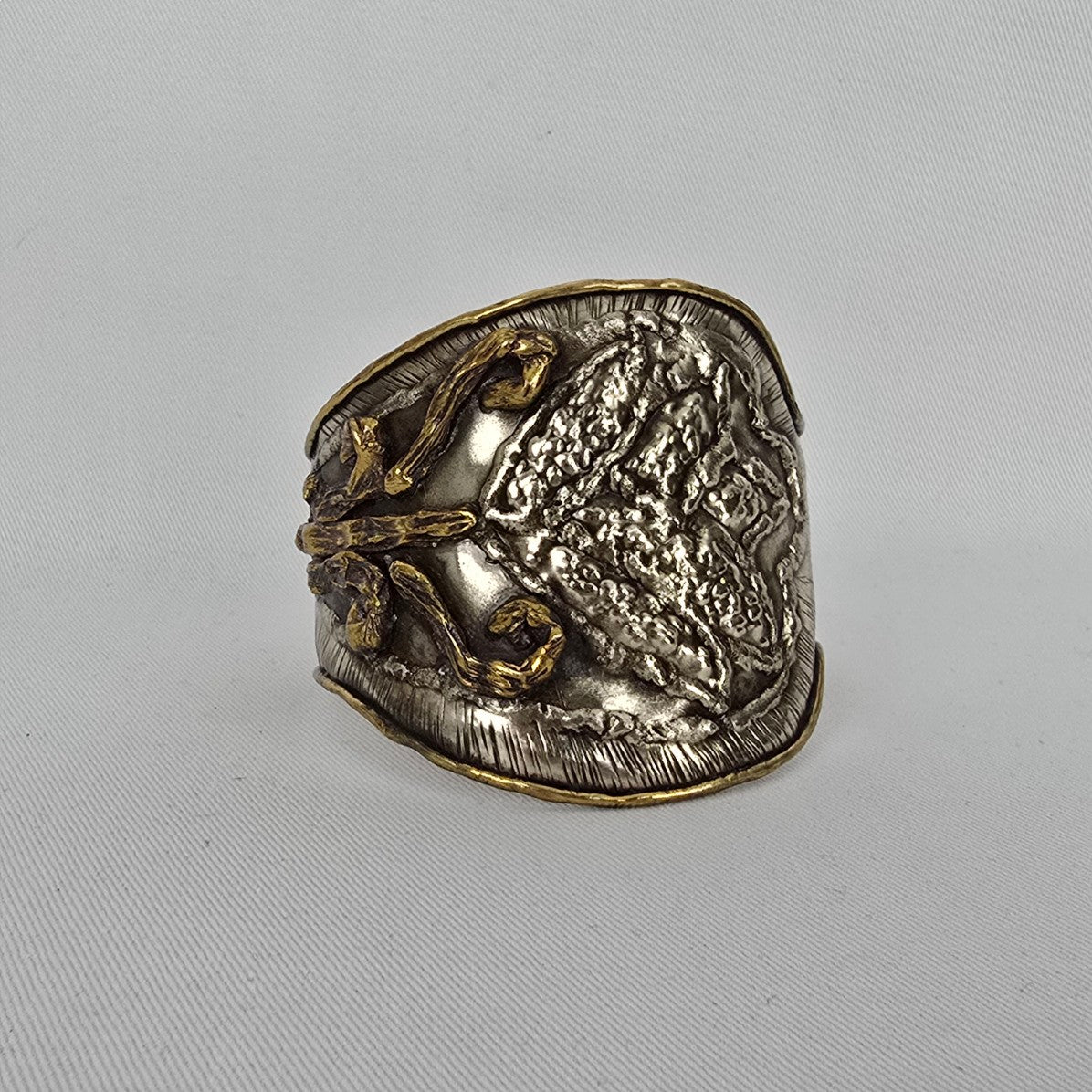 Artisan Style Statement Cuff Bracelet Mixed Metal Floral Textured Wide Boho