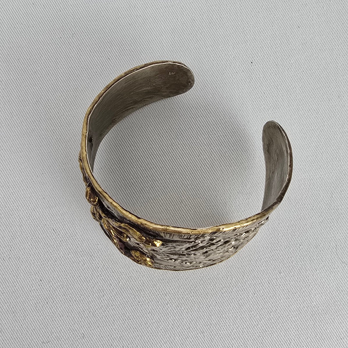 Artisan Style Statement Cuff Bracelet Mixed Metal Floral Textured Wide Boho