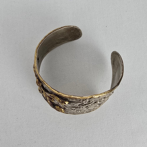 Artisan Style Statement Cuff Bracelet Mixed Metal Floral Textured Wide Boho