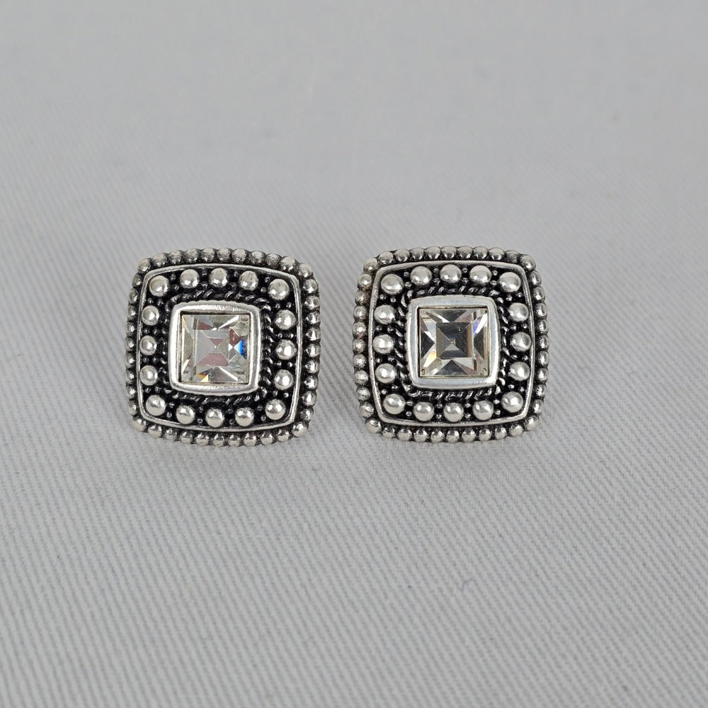 Vintage Style Silver Tone Square Stud Earrings Crystal Center Beaded Frame