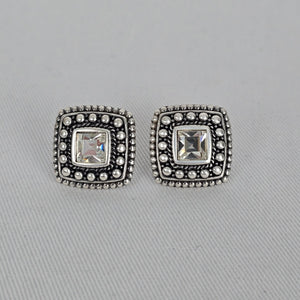 Vintage Style Silver Tone Square Stud Earrings Crystal Center Beaded Frame