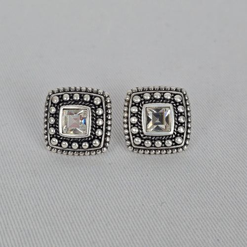 Vintage Style Silver Tone Square Stud Earrings Crystal Center Beaded Frame