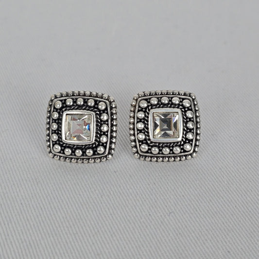 Vintage Style Silver Tone Square Stud Earrings Crystal Center Beaded Frame