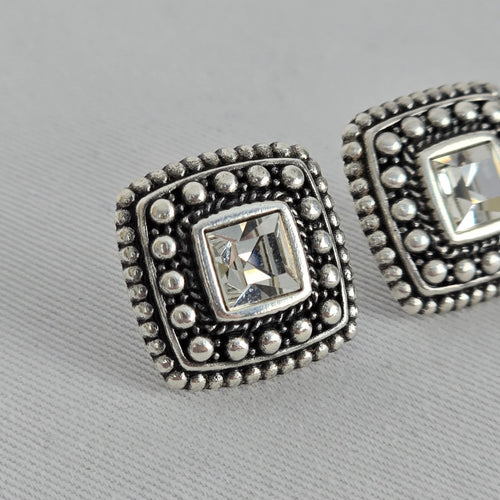 Vintage Style Silver Tone Square Stud Earrings Crystal Center Beaded Frame