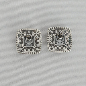 Vintage Style Silver Tone Square Stud Earrings Crystal Center Beaded Frame