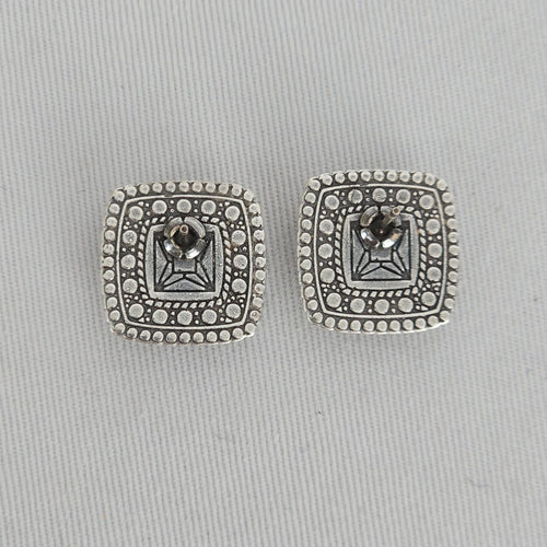 Vintage Style Silver Tone Square Stud Earrings Crystal Center Beaded Frame