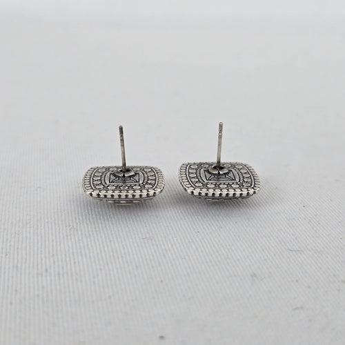 Vintage Style Silver Tone Square Stud Earrings Crystal Center Beaded Frame