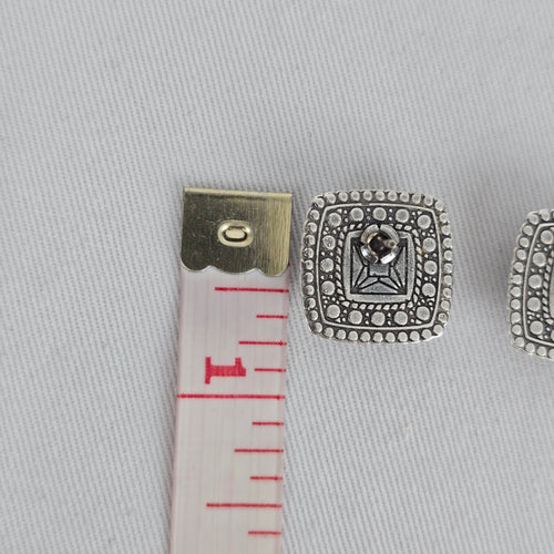 Vintage Style Silver Tone Square Stud Earrings Crystal Center Beaded Frame