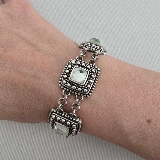 Statement Crystal Link Bracelet Antiqued Silver Beaded Detail Adjustable