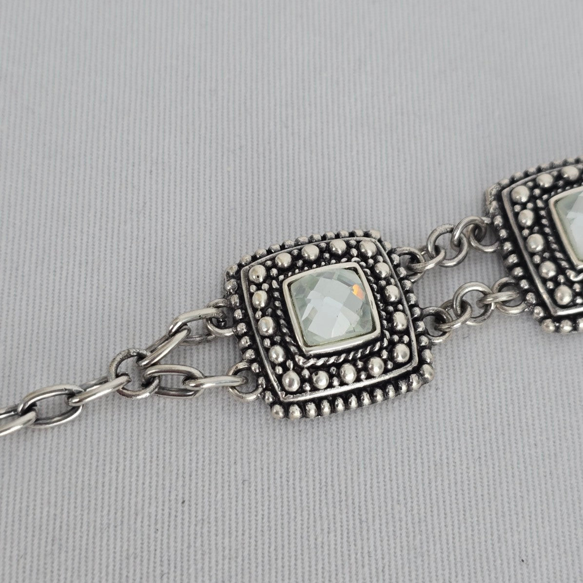 Statement Crystal Link Bracelet Antiqued Silver Beaded Detail Adjustable