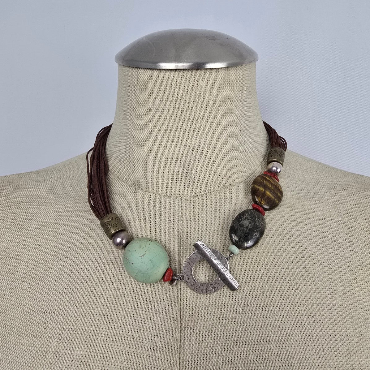 Silpada Sterling Silver Toggle Necklace Tiger’s Eye & Mixed Stone Statement