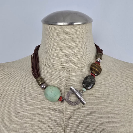 Silpada Sterling Silver Toggle Necklace Tiger’s Eye & Mixed Stone Statement