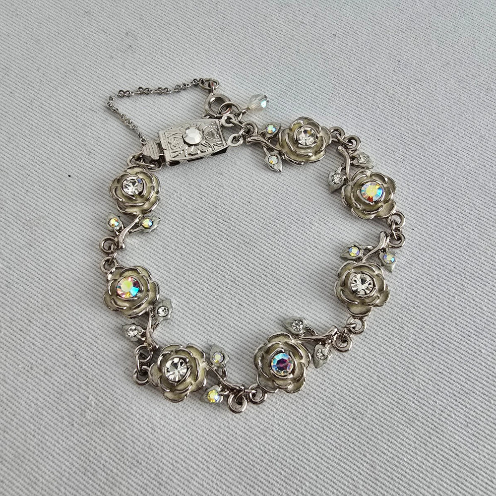 Vintage Silver Tone Floral Crystal Link Bracelet Rhinestone Rose Design