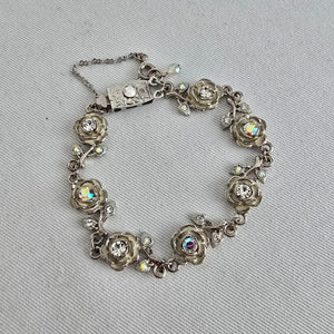 Vintage Silver Tone Floral Crystal Link Bracelet Rhinestone Rose Design