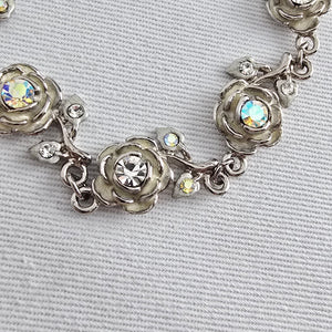 Vintage Silver Tone Floral Crystal Link Bracelet Rhinestone Rose Design