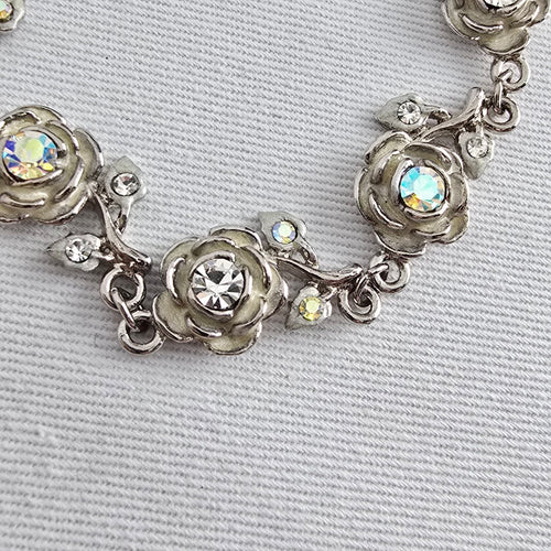 Vintage Silver Tone Floral Crystal Link Bracelet Rhinestone Rose Design