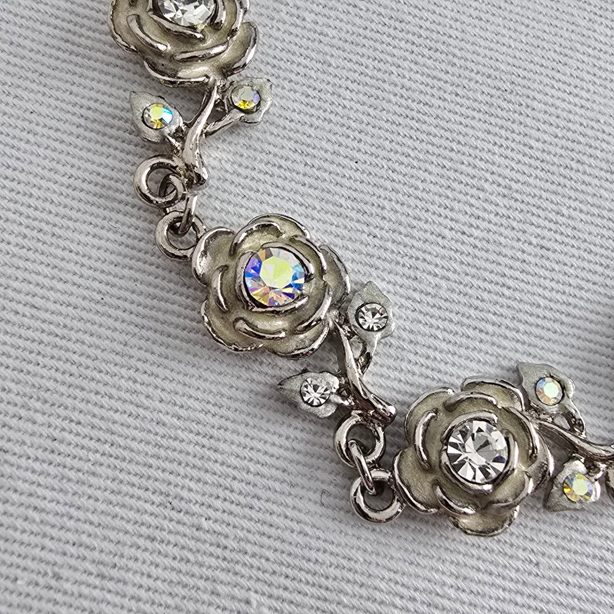Vintage Silver Tone Floral Crystal Link Bracelet Rhinestone Rose Design