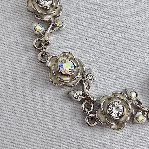 Vintage Silver Tone Floral Crystal Link Bracelet Rhinestone Rose Design