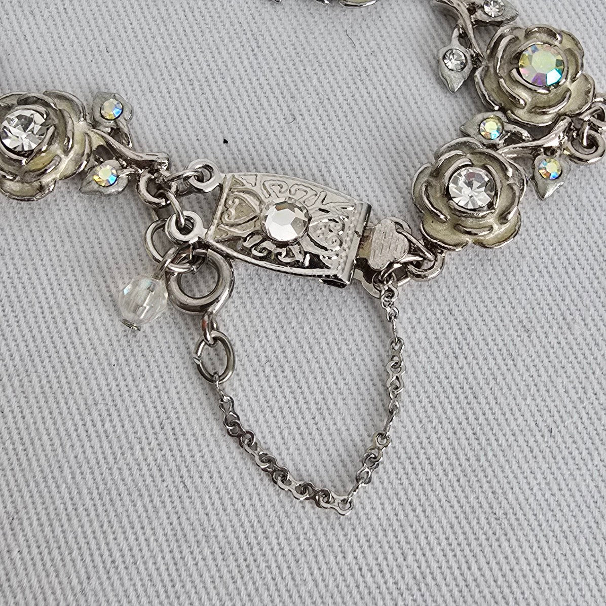 Vintage Silver Tone Floral Crystal Link Bracelet Rhinestone Rose Design