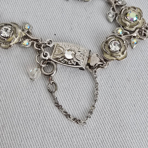Vintage Silver Tone Floral Crystal Link Bracelet Rhinestone Rose Design