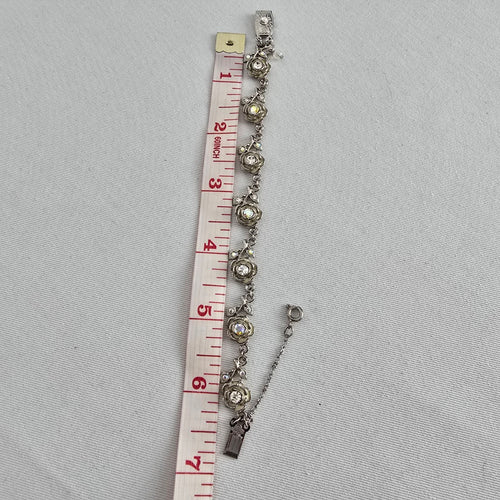 Vintage Silver Tone Floral Crystal Link Bracelet Rhinestone Rose Design