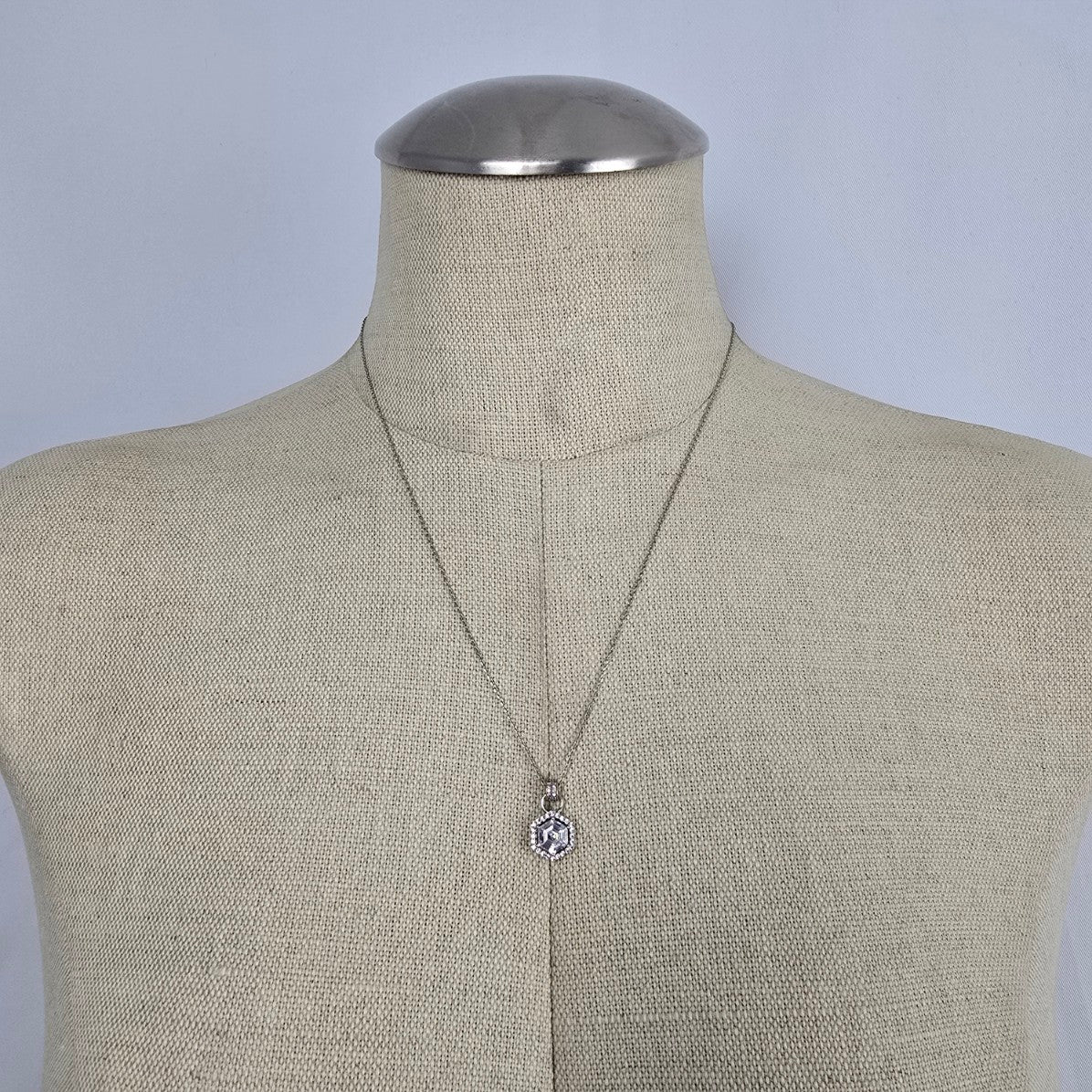 Hexagon Halo Crystal Pendant Necklace Silver Tone Dainty